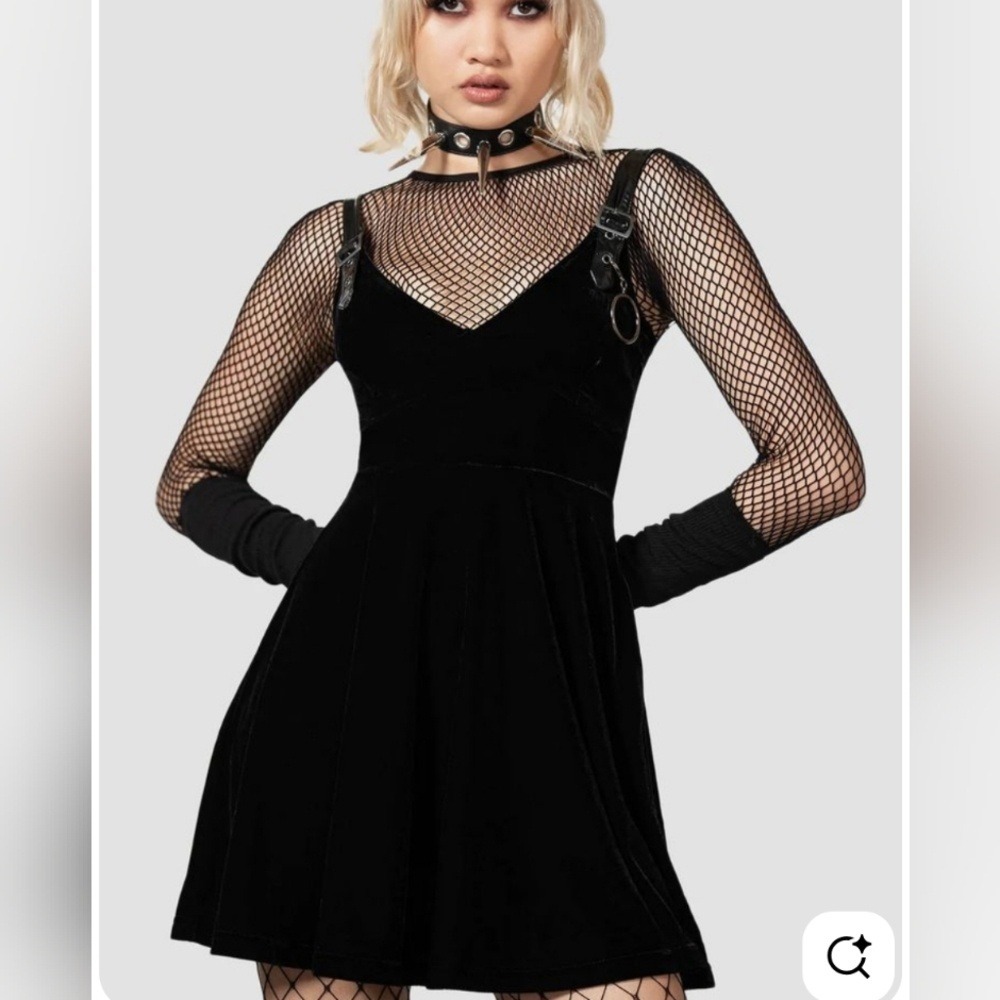 Killstar Scream Velvet Skater Dress Black Buckle Strap Goth Mini Small